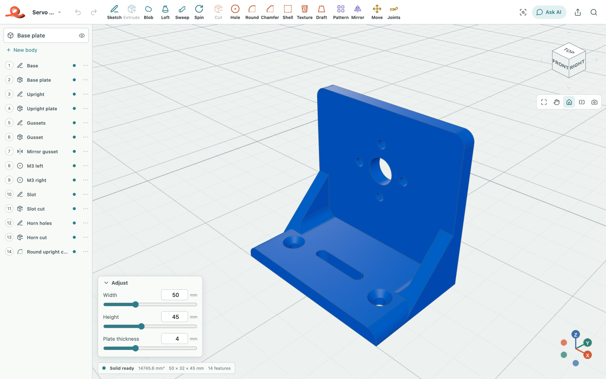 Extrudle with the bracket open: its steps on the left, sliders below