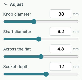 Adjust sliders: Knob diameter 38, Shaft diameter 6.2, Across the flat 4.8, Socket depth 12 mm