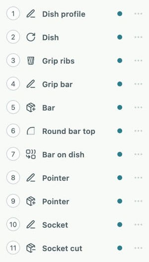 The knob's step list: Dish profile, Dish, Grip ribs, Grip bar, Bar, Round bar top, Bar on dish, Pointer, Socket, Socket cut